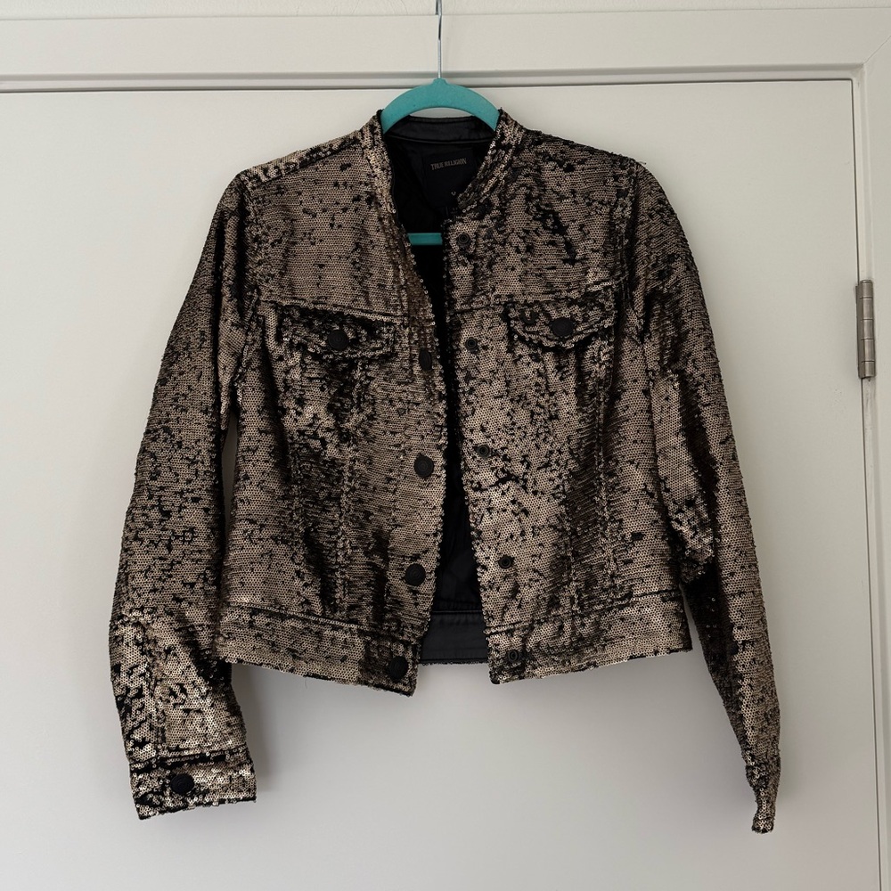 True religion sequin jacket mint condition black &gold size S /M leather collar